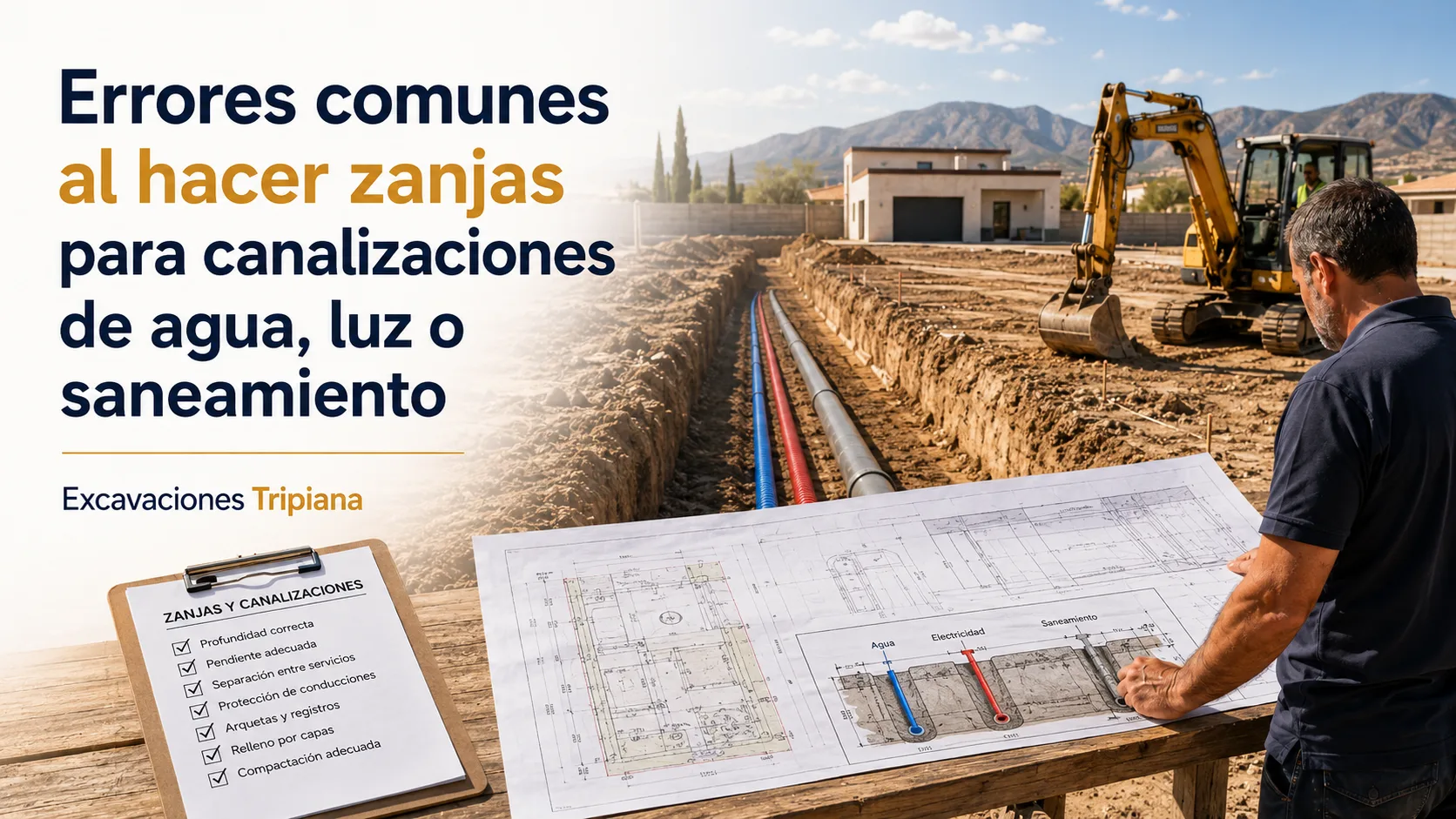 Zanja para canalizaciones de agua luz y saneamiento realizada con retroexcavadora.