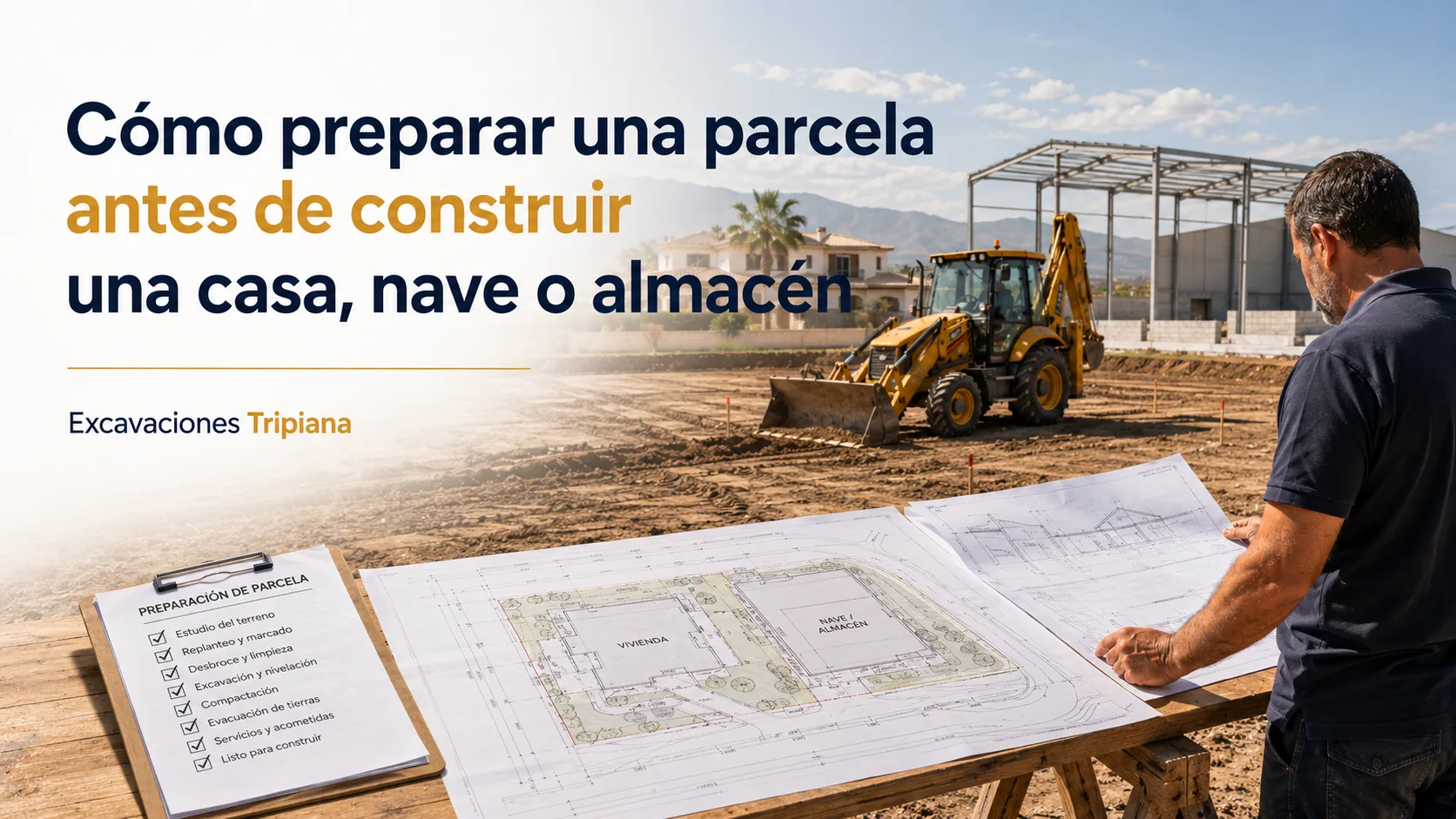 Preparación de parcela con retroexcavadora antes de construir una casa, nave o almacén.