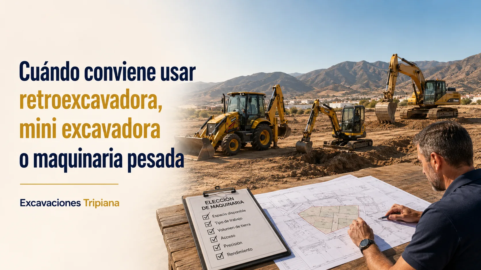 Retroexcavadora y mini excavadora trabajando en una parcela para movimiento de tierras.